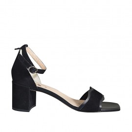 Zapato abierto para mujer con cinturon al tobillo en piel y gamuza negra tacon 7 - Tallas disponibles:  42, 43, 44, 45