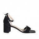 Woman's open shoe with anklestrap in black leather and suede heel 7