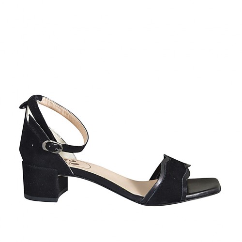 Woman's open shoe with anklestrap in black leather and suede heel 4 - Available sizes:  32, 33, 34