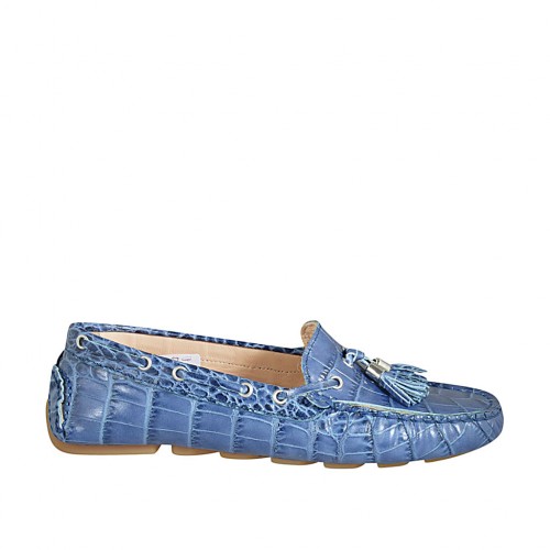Woman's loafer with removable insole and tassels in blue printed leather  - Available sizes:  43