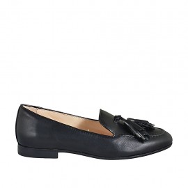 Woman's loafer with tassels in black leather heel 1 - Available sizes:  33, 43, 45
