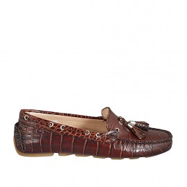Woman's loafer with removable insole and tassels in brown printed leather  - Available sizes:  33, 42, 43