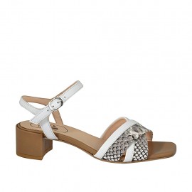 Sandalo da donna con cinturino in pelle bianca e cuoio e stampata grigia tacco 4 - Misure disponibili: 32, 42, 43, 44, 46