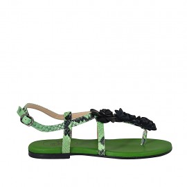Woman's flip-flop sandal with flowers in black and green printed leather heel 1 - Available sizes:  34, 42, 46