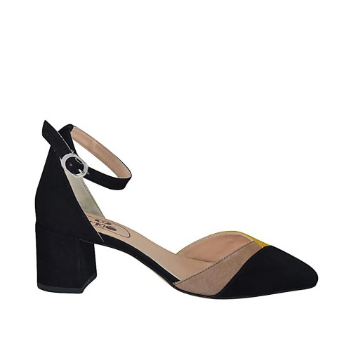 Scarpa aperta da donna con cinturino in camoscio nero, giallo e beige tacco 5 - Misure disponibili: 32, 34, 42, 43, 44, 45, 46