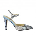 Slingback für Damen mit Riem aus buntem bedrucktem Leder und hellblauem Wildleder Absatz 9