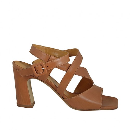 Sandalo da donna con cinturino alla caviglia in pelle color cuoio tacco 8 - Misure disponibili: 34, 43, 46