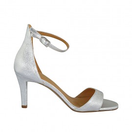 Zapato abierto con cinturon para mujer en piel laminada plateada tacon 7 - Tallas disponibles:  42, 43, 44