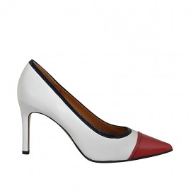 ?Zapato de salon para mujer en piel blanca y charol azul y rojo tacon 8 - Tallas disponibles:  32, 33, 42