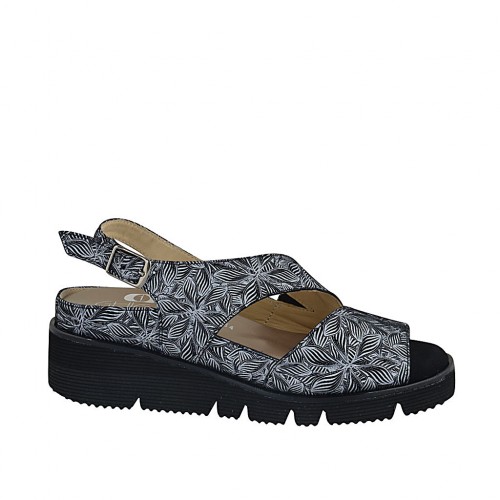 Sandale pour femmes avec semelle amovible en daim noir imprimé floreal blanc talon compensé 4 - Pointures disponibles:  33, 43, 44