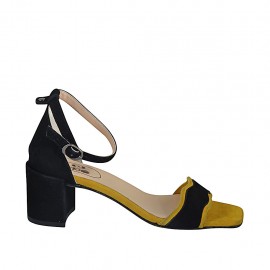 Zapato abierto para mujer con cinturon al tobillo en gamuza negra y amarillo tacon 6 - Tallas disponibles:  32, 33, 34, 42, 43, 44, 45, 46