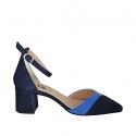 Woman's open shoe with strap in blue, cornflower blue and turquoise suede heel 5