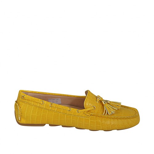 Mocasino con plantilla extraible y borlas para mujer en piel estampada amarillo - Tallas disponibles:  33, 43