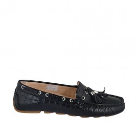 Woman's loafer with removable insole and tassels in black printed leather - Available sizes:  33, 42
