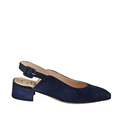 ?Woman's slingback pump in blue suede and printed leather heel 4 - Available sizes:  32, 33, 43, 45