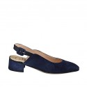 ﻿Woman's slingback pump in blue suede and printed leather heel 4