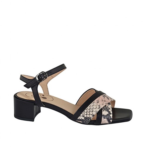 Sandale pour femmes avec courroie en cuir noir et imprimé rose talon 4 - Pointures disponibles:  32, 34, 43, 45, 46