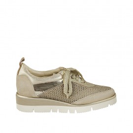 Chaussure à lacets en tissu perforé, daim et cuir lamé et imprimé platine talon compensé 3 - Pointures disponibles:  33, 42, 43, 45