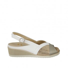 Woman's sandal with removable insole in white, platinum leather and copper laminated printed leather wedge heel 4
