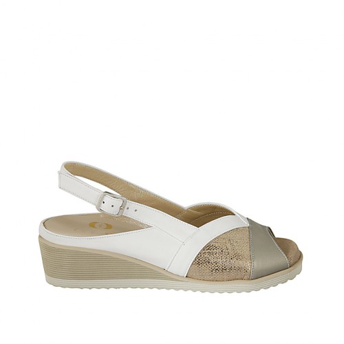 Woman's sandal with removable insole in white, platinum leather and copper laminated printed leather wedge heel 4