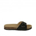 Woman's mules in black printed leather with buckle wedge heel 2