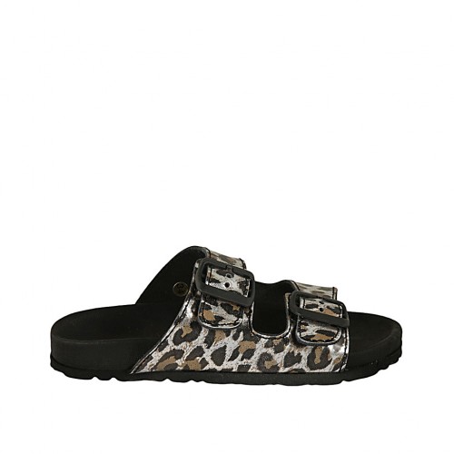 Woman's open mules with buckles in spotted laminated leather wedge heel 2
