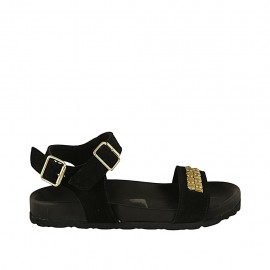 Damensandale aus schwarzem Wildleder mit Riem, Schnalle, Accessoire und Keilabsatz 2 - Verfügbare Größen:  32, 33, 34, 42, 43, 45