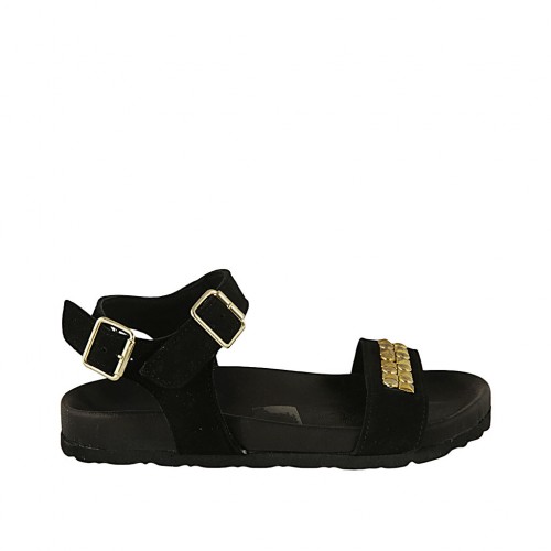 Woman's sandal in black suede with strap, buckle, accessory and wedge heel 2 - Available sizes:  32, 33, 34, 42, 43, 45
