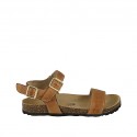Woman's strap sandal with buckle in tan brown leather wedge heel 2