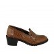 Woman's mocassin in tan brown printed leather heel 5