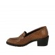 Woman's mocassin in tan brown printed leather heel 5