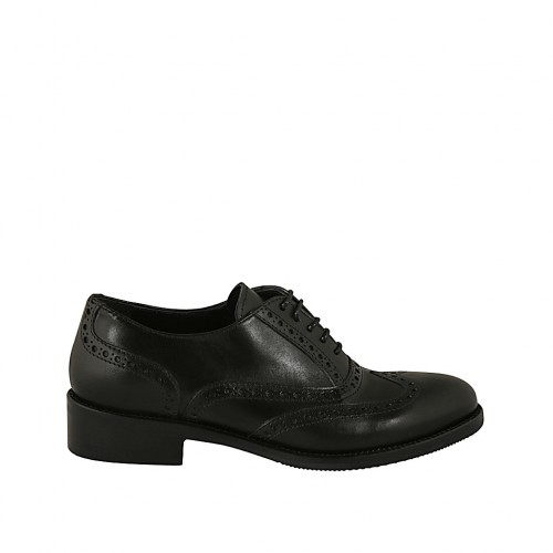 Zapato oxford con cordones y decoraciones a punta de ala para mujer en piel negra tacon 3 - Tallas disponibles:  32, 33, 42, 43, 44, 45