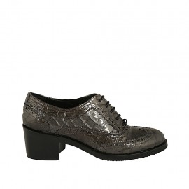 Woman's laced Oxford shoe in grey printed patent leather heel 5 - Available sizes:  32, 33, 34, 42, 43, 44, 45