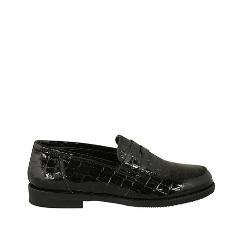 Damenmokassin aus schwarzem bedrucktem Lackleder Absatz 2 - Verfügbare Größen:  32, 34, 43, 44