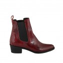 Woman's pointy texan ankle boot with elastic bands in red printed patent leather heel 4