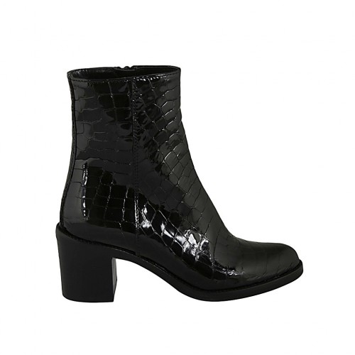 Botines para mujer con cremallera en charol imprimido negro tacon 6 - Tallas disponibles:  33, 34, 42, 43, 44, 45