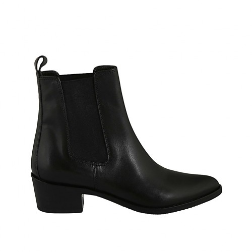 Stivaletto a punta da donna con elastici in pelle nera tacco 4