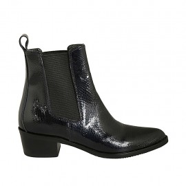 Bottines texanes à bout pointu pour femmes avec élastiques en cuir verni imprimé bleu talon 4 - Pointures disponibles:  33, 34, 42, 45