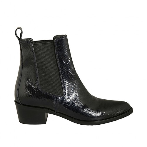 Bottines texanes à bout pointu pour femmes avec élastiques en cuir verni imprimé bleu talon 4 - Pointures disponibles:  33, 34, 42, 45