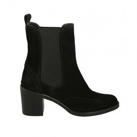 Woman's ankle boot with elastic bands and wingtip decoration in black suede heel 6