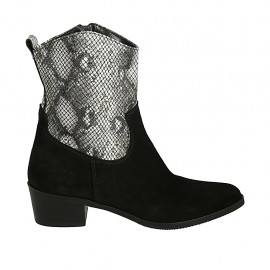 Stivaletto texano a punta da donna con cerniera in camoscio nero e pelle stampata bianca e nera tacco 4 - Misure disponibili: 33, 34, 42, 43, 44