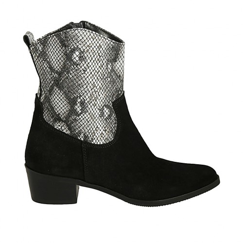 Botines tejanos a punta para mujer con cremallera en gamuza negra y piel estampada blanca y negra tacon 4 - Tallas disponibles:  33, 34, 42, 43, 44