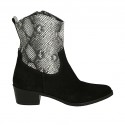 Botines tejanos a punta para mujer con cremallera en gamuza negra y piel estampada blanca y negra tacon 4