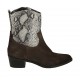 Botines tejanos a punta para mujer con cremallera en gamuza marron y piel estampada tacon 4 - Tallas disponibles:  32, 33, 34, 42, 43, 45, 46