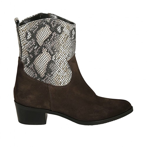 Bottines texanes à bout pointu pour femmes avec fermeture éclair en daim marron et cuir imprimé talon 4 - Pointures disponibles:  32, 33, 34, 42, 43, 45, 46