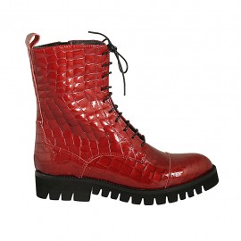 Stivaletto stringato modello anfibio da donna con cerniera e puntale in vernice stampata rossa tacco 3 - Misure disponibili: 33, 34, 42, 43, 44