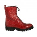 Woman's laced combat style ankle boot with zipper and captoe in red patent leather heel 3