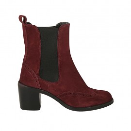 Woman's ankle boot with elastic bands and wingtip in maroon suede heel 6