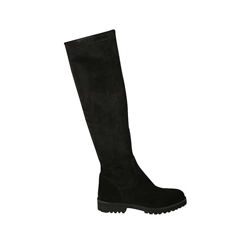 Hoher Damenstiefel aus schwarzem Wildleder und elastischem Material Absatz 3 - Verfügbare Größen:  33, 34, 42, 43, 44, 47