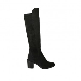Hoher Damenstiefel aus schwarzem Wildleder und elastischem Material Absatz 6 - Verfügbare Größen:  32, 33, 34, 42, 43, 44, 45, 46, 47